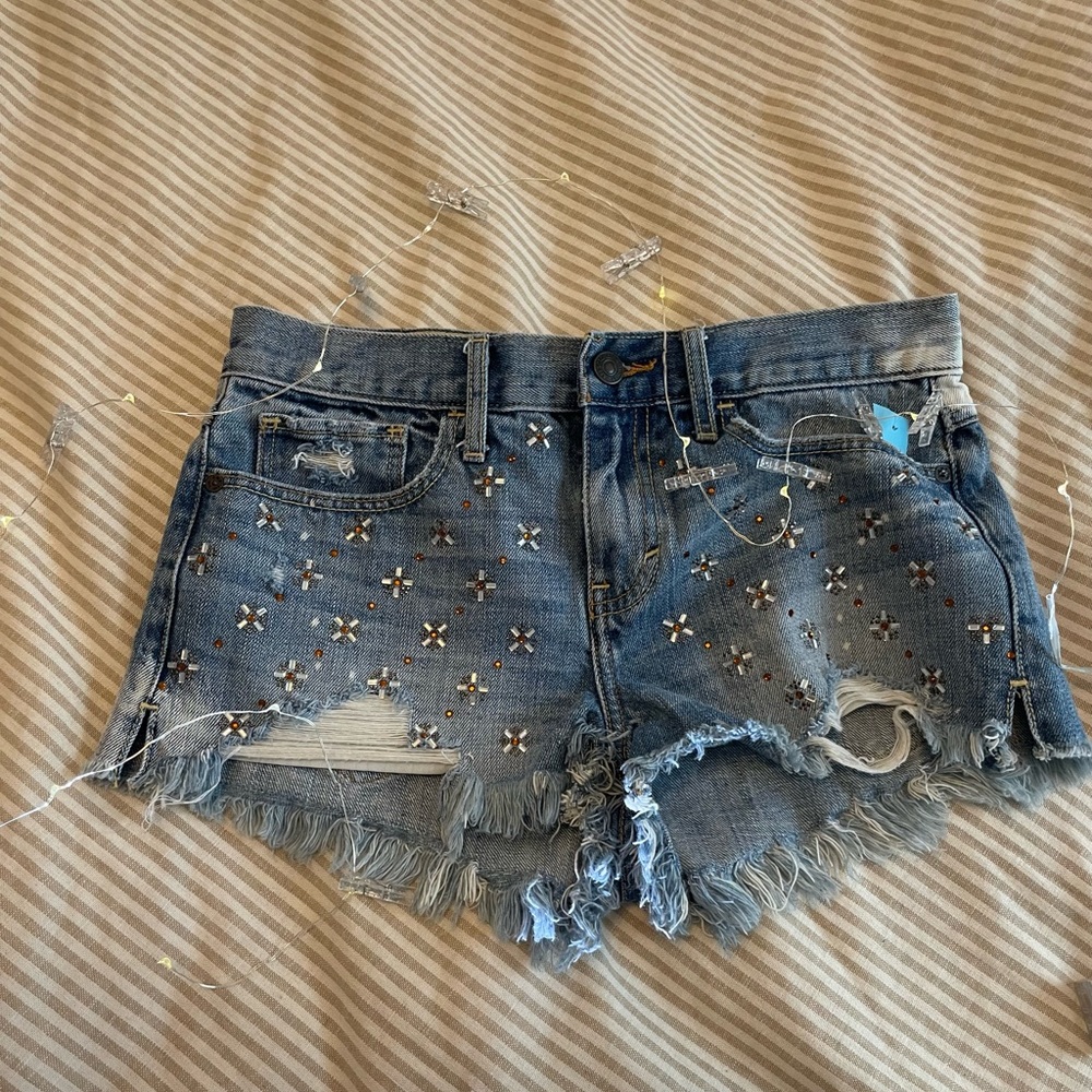 Abercrombie & Fitch Distressed Denim Blinged Rhinestone Studded Shorts.